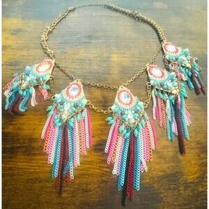 Colorful Tribal Boho Statement Necklace Pink Blue Gold Festival Women’s Jewelry